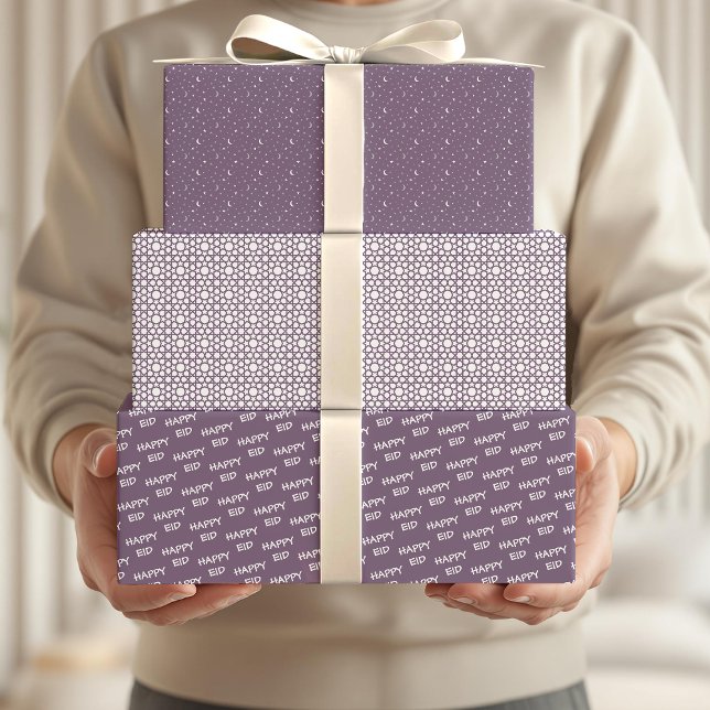 Happy Eid Kids Purple Moon Star Pattern Quote Wrapping Paper Sheets (Creator Uploaded)