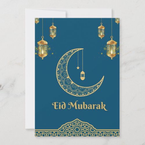 Happy Eid Mubarak Blue and Golden Crescent  Holiday Card