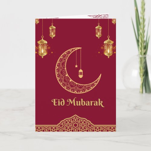 Happy Eid Mubarak Burgundy and Golden Crescent  Holiday Card