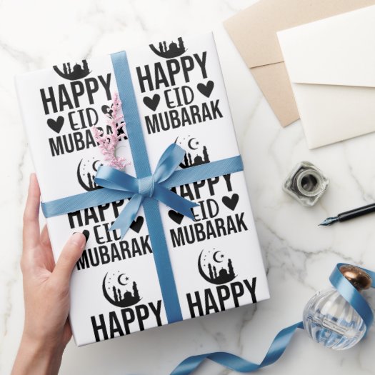Happy Eid Mubarak Crescent Mosque Black White