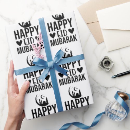 Happy Eid Mubarak Crescent Mosque Black White Wrapping Paper