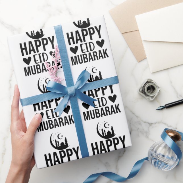 Happy Eid Mubarak Crescent Mosque Black White Wrapping Paper (Gifting)