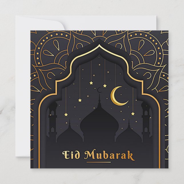 Happy Eid Mubarak Crescent Stars Mosque  Holiday Card (Front)