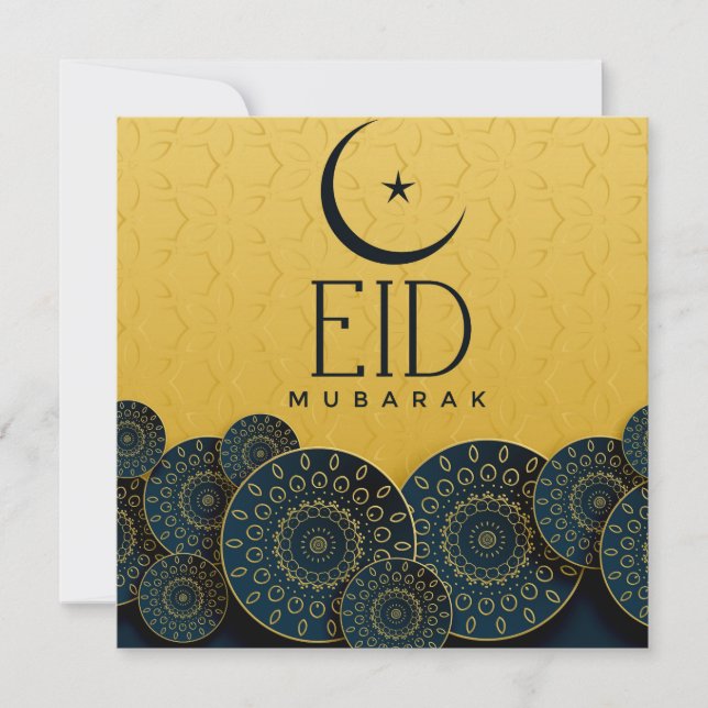 Happy Eid Mubarak Cresent Star Gold Blue Pattern  Holiday Card (Front)