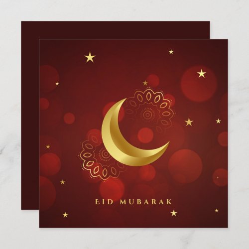Happy Eid Mubarak Cresent Star Gold Pattern Red Holiday Card