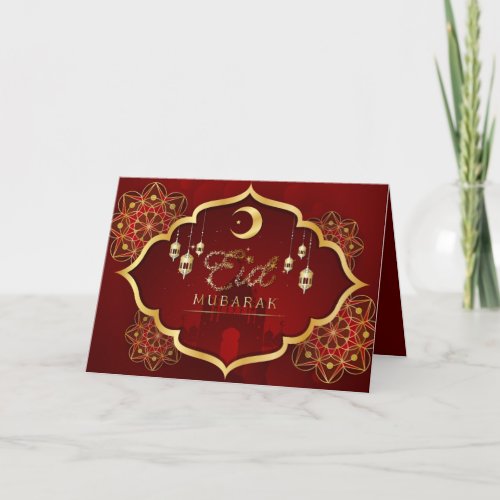 Happy Eid Mubarak Cresent Star Gold Red Floral Holiday Card