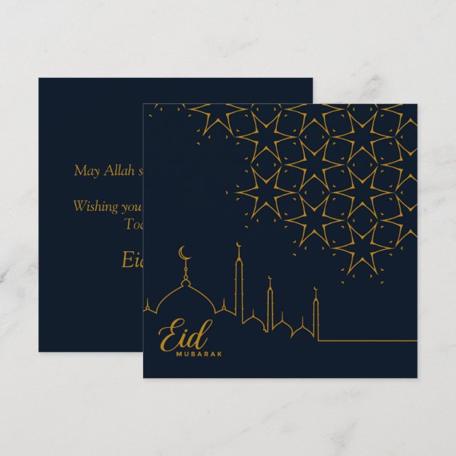 Happy Eid Mubarak Cresent Star Mosque Gold Blue  Holiday Card (Front/Back)