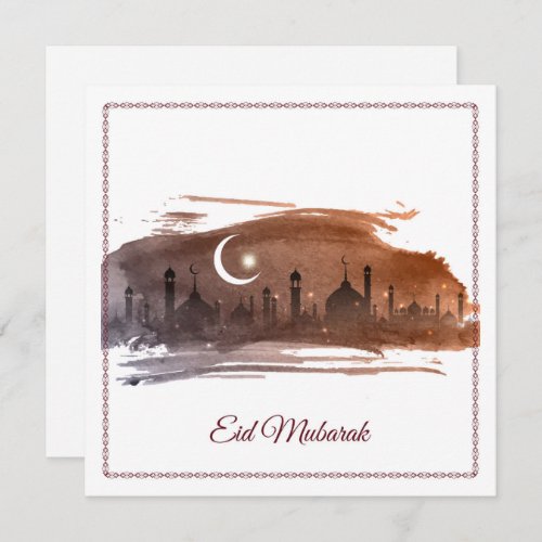 Happy Eid Mubarak Cresent Star Mosque Watercolor  Holiday Card