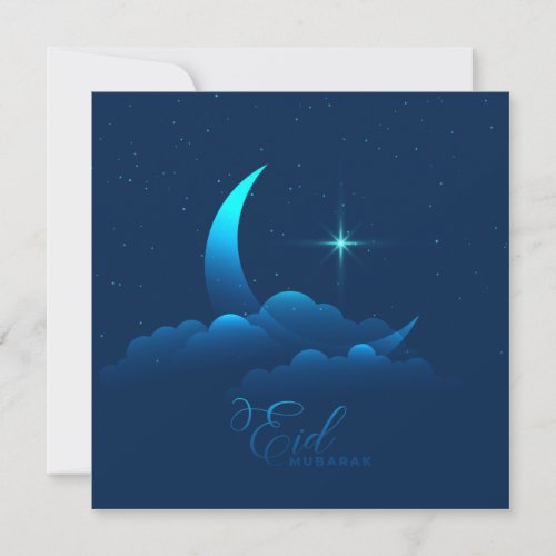 Happy Eid Mubarak Cresent Stars Cloud Blue Holiday Card