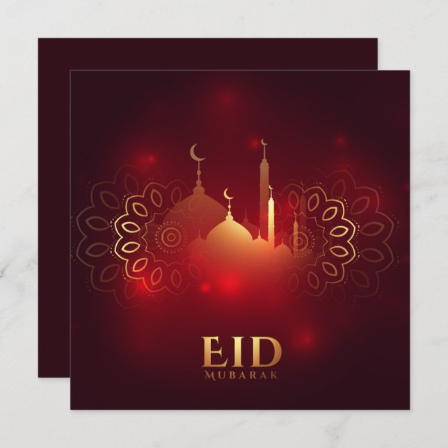 Happy Eid Mubarak Golden Crescent Mosque Red Holiday Card (Front/Back)