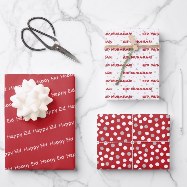Happy Eid Mubarak Kids Red Dot Pattern Quote White Wrapping Paper Sheets (Front)