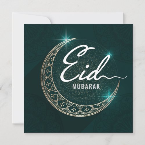 Happy Eid Mubarak Shinning Crescent White Green Holiday Card