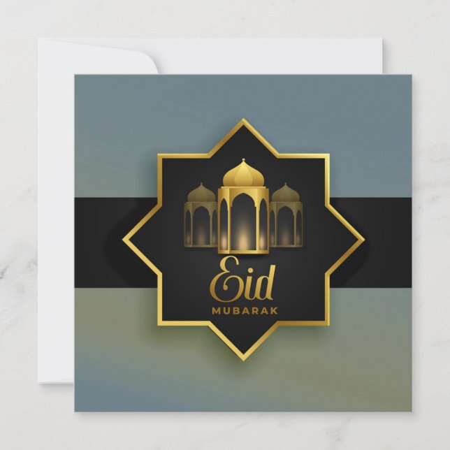 Happy Eid Mubarak Star Gold black Blue  Holiday Card (Front)