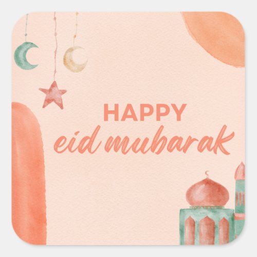 Happy Eid Mubarak Watercolor Mosque Square Sticker