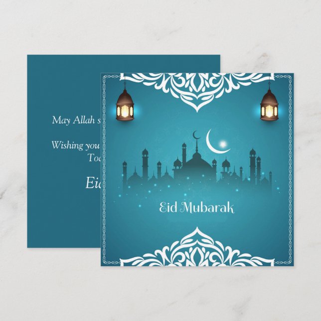 Happy Eid Mubarak White Cresent Star Mosque Blue Holiday Card (Front/Back)