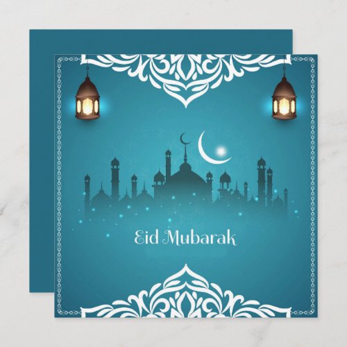 Happy Eid Mubarak White Cresent Star Mosque Blue Holiday Card