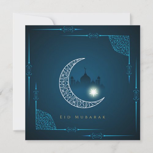 Happy Eid White Crescent Star Mosque Blue  Holiday Card