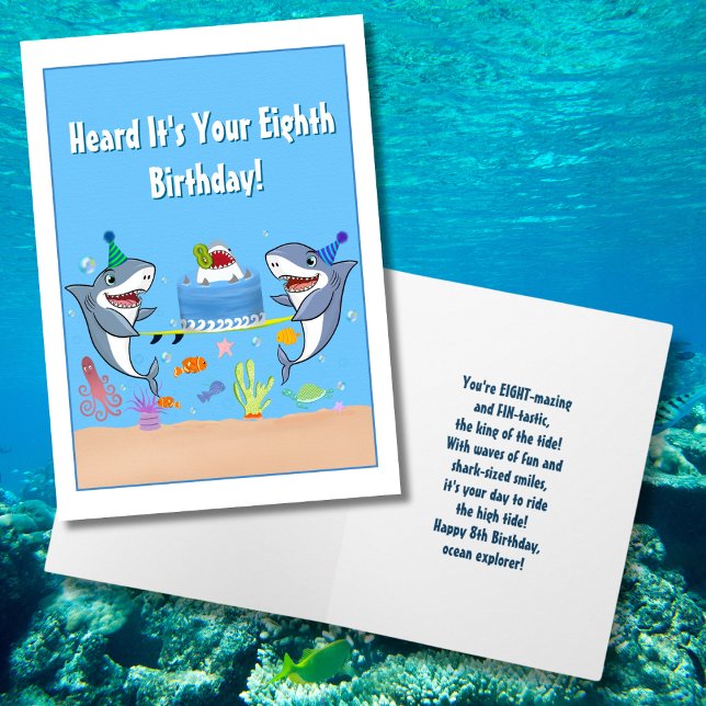 Happy Eighth Birthday Sharks with Cake card (Creator Uploaded)