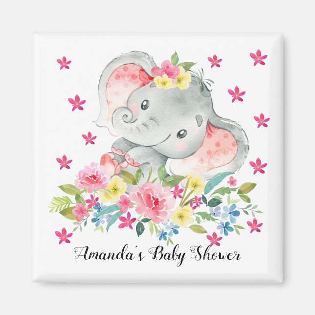 Happy Elephant Baby Girls Shower Favor Magnet (Front)