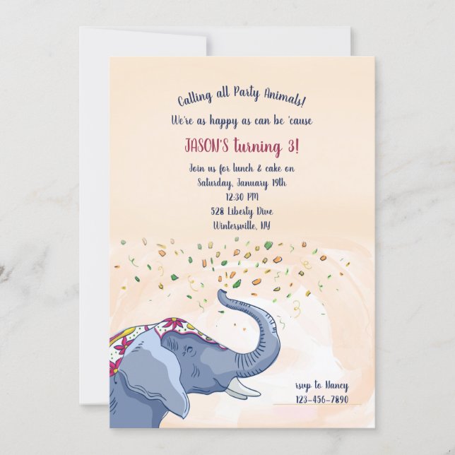 Happy Elephant Birthday Party Invitation (Front)