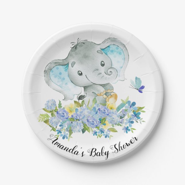 Happy Elephant Boys Baby Shower 7" Plate (Front)