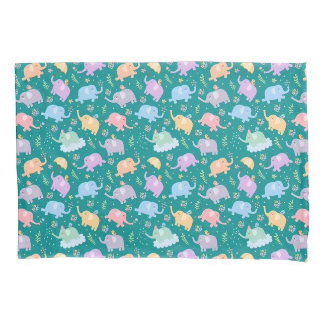 Happy Elephant Garden Party w Umbrellas Flowers Pillow Case (Front)