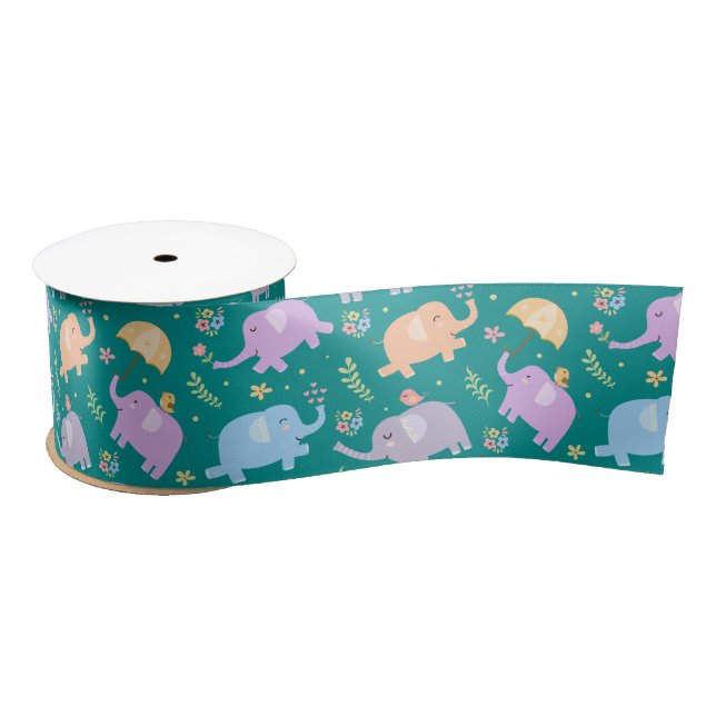 Happy Elephant Garden Party w Umbrellas Flowers Satin Ribbon (Spool)
