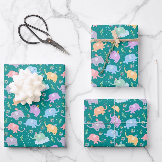 Happy Elephant Garden Party w Umbrellas Flowers Wrapping Paper Sheets (Front)