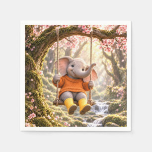 Happy Elephant on Cherry Tree Swing Napkins