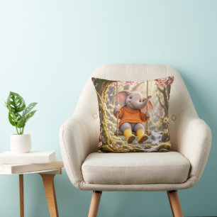Happy Elephant on Cherry Tree Swing Throw Pillow