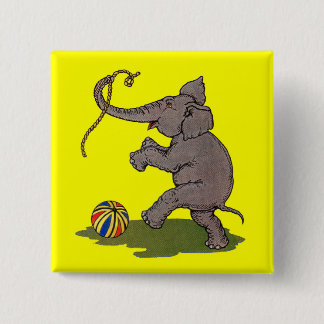 happy elephant playing with rope and ball pinback button