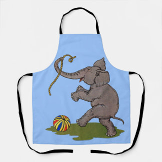 happy elephant playing with rope and ball print apron