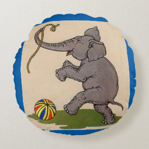 happy elephant playing with rope and ball round pillow