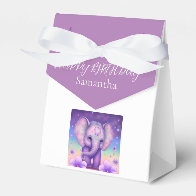 Happy Elephant Purple flowers Birthday Favor Box (Front Side)