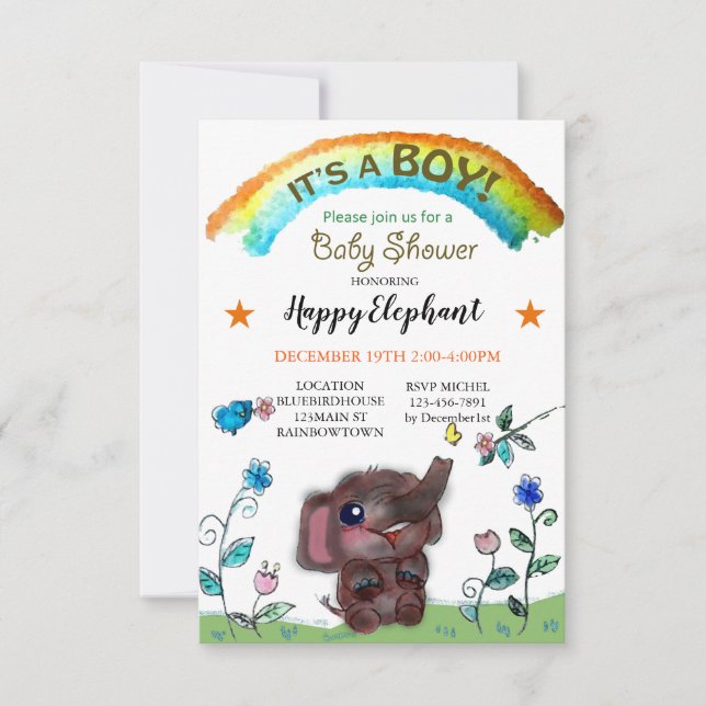 Happy Elephant Rainbow Town Baby Shower Invitation (Front)