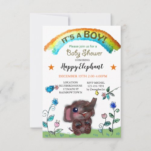 Happy Elephant Rainbow Town Baby Shower Invitation
