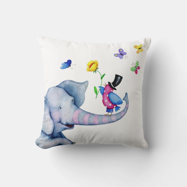 Happy Elephant With Birds And Butterflies Throw Pillow (Front)
