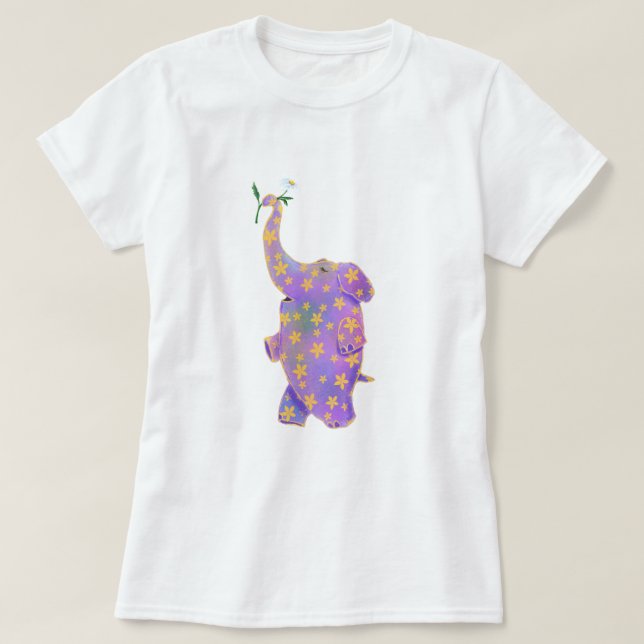 Happy Elephant with Flower Funny T-Shirt (Design Front)