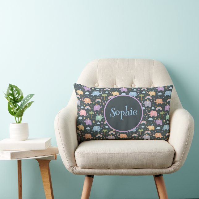 Happy Elephants Birds Night Sky Clouds Rainbows Lumbar Pillow (Chair)