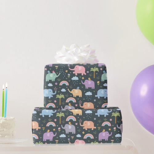 Happy Elephants Birds Night Sky Clouds Rainbows Wrapping Paper