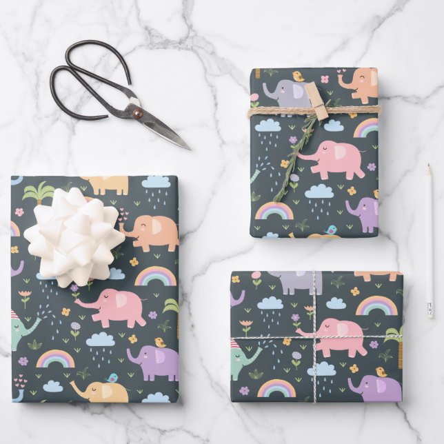 Happy Elephants Birds Night Sky Clouds Rainbows Wrapping Paper Sheets (Front)