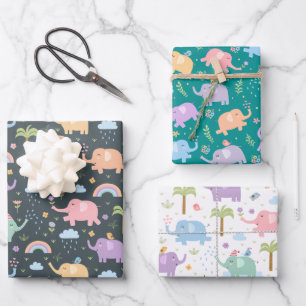 Happy Elephants Medley Mix and Match Wrapping Paper Sheets
