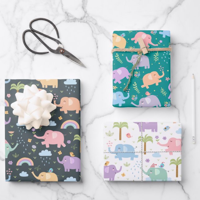 Happy Elephants Medley Mix and Match  Wrapping Paper Sheets (Front)
