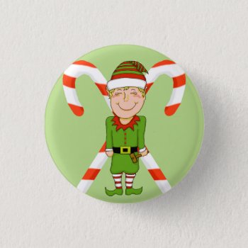 Happy Elf & Candy Cane Holiday Pin by Shenanigins at Zazzle