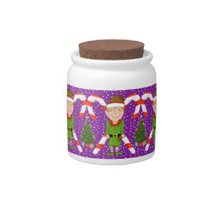 Happy Elf & Candy Canes Christmas Candy Jar