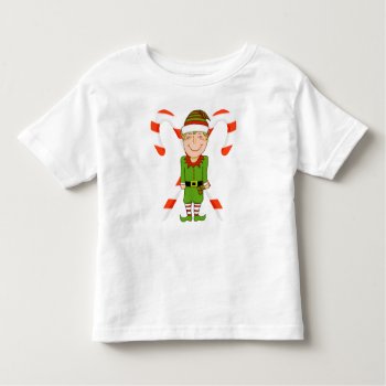 Happy Elf With Candy Cane Toddler T-shirt by Shenanigins at Zazzle