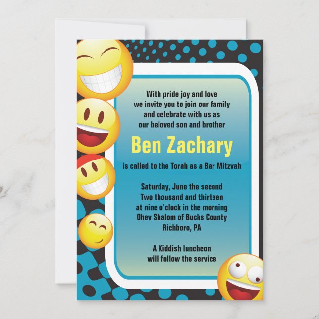 HAPPY EMOJI Bar Bat Mitzvah Invitation-in blue Invitation (Front)