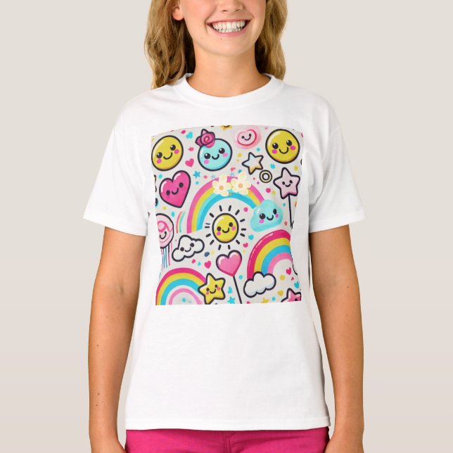 Happy Emoji Girls’ Rainbow Tee For Halloween (Front)