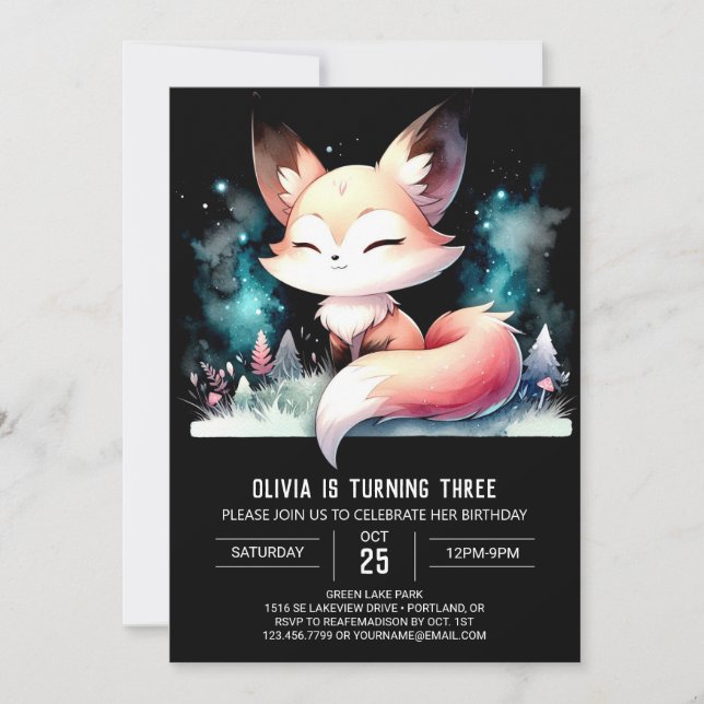 Happy Enchanted Fox Birthday digital Invitation (Front)