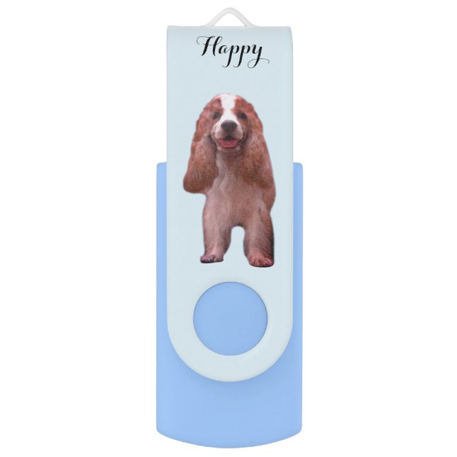 Happy English Cocker Spaniel Dog on Light Blue Flash Drive (Front Vertical)